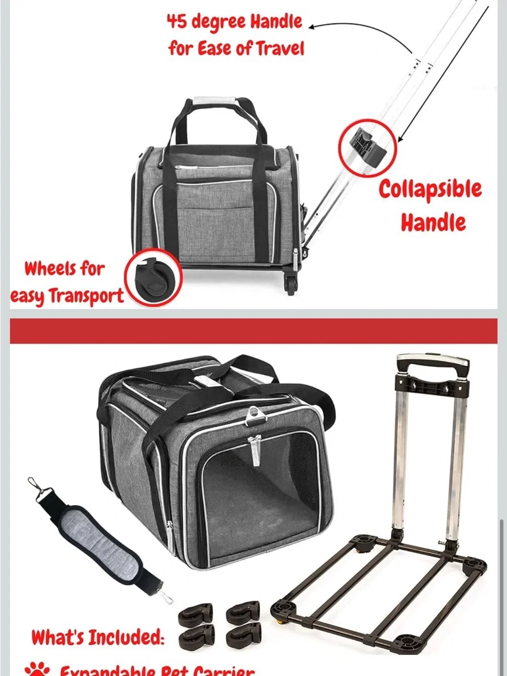 Grey Rolling Pet Carrier Tote - Travel-Ready dog/cat  Carrier
